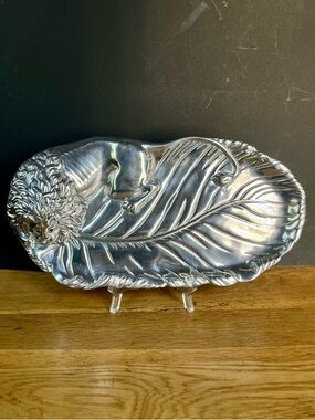Lion Arthur Court Silver Tray Aluminum Glass Eyes Safari Vintage Entertaining